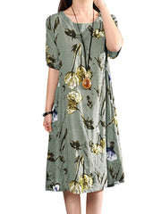 Retro Floral Print Two Pockets Loose Casual Women Midi Dress