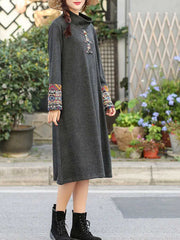 Embroidered Patchwork Frog Button Long Sleeve Retro Women Midi Dress