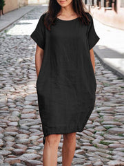 100% Cotton O-neck Solid Casual Pocket Women Midi Dress