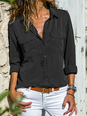 Women Button Turn-Down Collar Solid Color Blouse