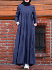 Casual Layered Pleats Denim Loose Muslim Pockets Women Maxi Dress