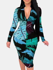 Plant Mashizha Print Sleeve Yakareba Zipper Elegant Women Midi Dress