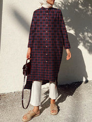 만다린 칼라 체크 무늬 프린트 카프탄 긴팔 셔츠 여성 미디 드레스