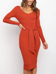 Long Sleeve Belted Knit Bodycon Pure Color Women Midi Dress