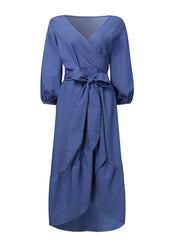 Denim Irregular Ruffle Hem Puff Sleeve Belted V-neck Women Midi Dress