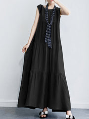 Solid Color O-neck Sleeveless Ruffles Hem Pleated Women Maxi Dress