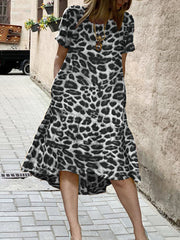 Casual Leopard Print Round Neck Loose Irregular Hem Pocket Women Midi Dress