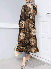 플로라 프린트 러프 밑단 오넥 캐주얼 보헤미안 아바야 카프탄 셔츠 포켓 여성 미디 드레스