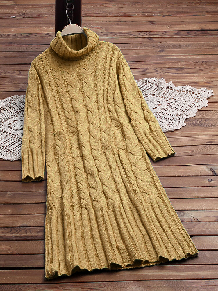 Pure Color High Collar Long Sleeve Knit Sweater Women Midi Dress