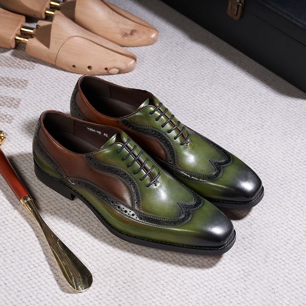 green leather dress shoes Men's Green and Black Plain-Toe Leather Oxfords Langford US 6 / Green / D
