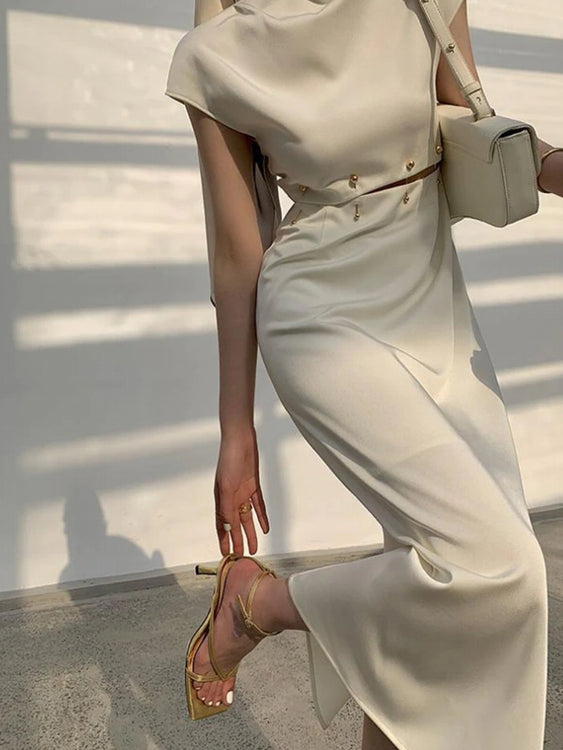 Elegante beige hoge taille uitgesneden lange jurken