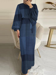 Plaid Half Button Kaftan Robe Belted Pocket Women Maxi Dress