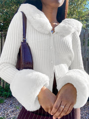 Elegant Fur Collar Coat Long-sleeved Knit White Blouse Retro