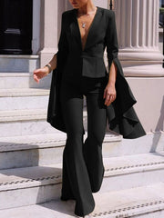 Fashion Ruffles Sleeve Celana Setelan Blazer Two Piece Set