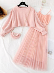 Women Sweet Two Pieces Suit ng Knitted Sweater O Neck Sweater at Dress Set