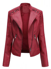 Faux Leather Jacket Women Long Sleeve Zipper Slim Blazer