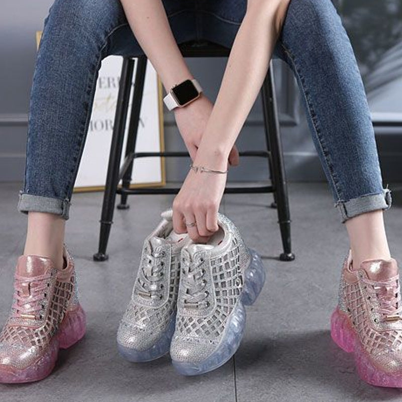 Women's Colorful Print Knit Sneakers Slip Rhinestone Decor - Temu