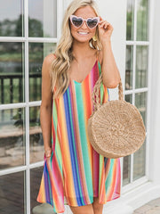 Rainbow Dress Women Summer Holiday V-Neck Dress Kwa Akazi