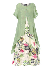 Vintage Short Sleeve O-neck Print Patchwork Pocket Long Women Maxi Dress