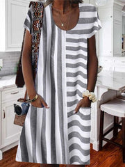 Stripe Patchwork Scoop Neck Short Sleeve Loose Women Midi Dress