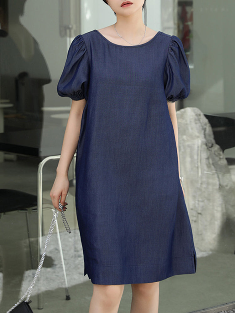 Solid Casual Crew Neck Puff Sleeve Pleated Plain A-line Midi Dress – Come4Buy eShop