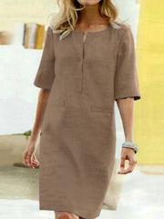 Generous Pure Color Decorative Pockets Half Sleeve Loose Women Midi Dress