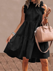 Pure Color Ruffles Trim Sleeveless Simple Women Midi Dress