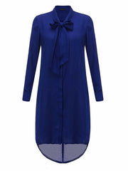 Casual Loose Bowknot Long Sleeve Pure Color Shirt Women Midi Dress