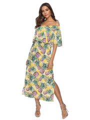 Off Shoulder Floral Print Split Causal Women Midi Dress