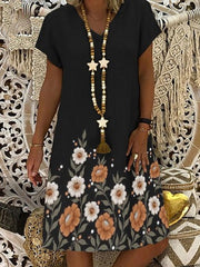 Floral Printing V-stûyê Loose Sleeve kurt Women Mini Dress