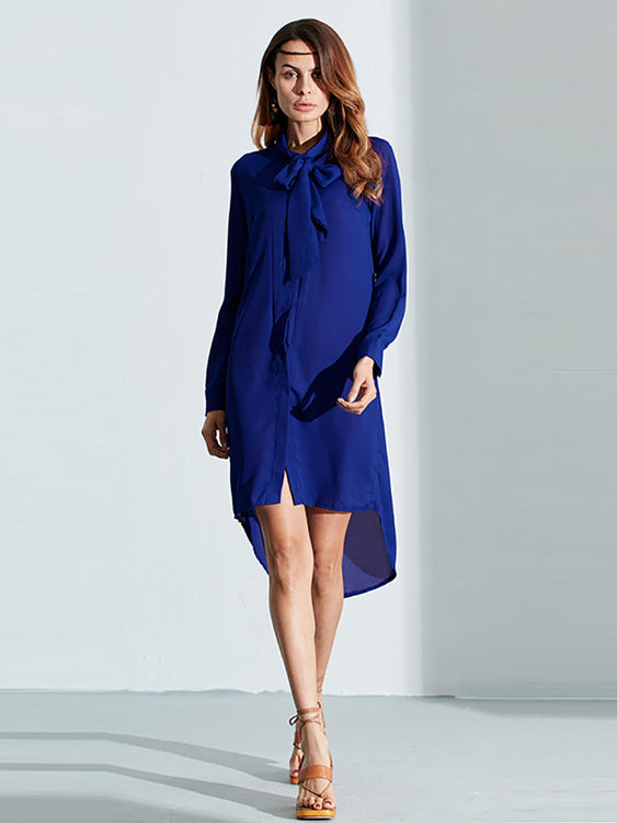 Casual Loose Bowknot Long Sleeve Pure Color Shirt Women Midi Dress
