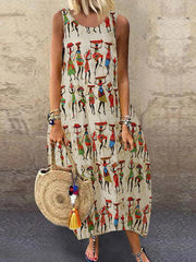 Dames vintage tribale print katoenen mouwloze bohemien casual jurk