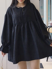 Pleating Long sleeve Pure Color Korean Style Women Mini Dress