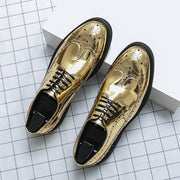 Men Dress Shoes Gold Brogue Shoes Wedding Lace Up