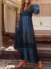 Карирано печатење со копче со V-деколте со долги ракави Винтиџ џебен женски макси фустан