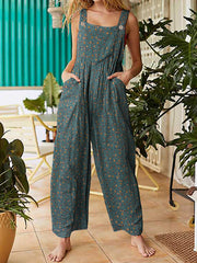 Women Vintage Ditsy Floral Print Double Pocket Casual Strappy Jumpsuits