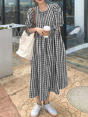 Pregnant Plaid Print Puff Sleeve Irregular Spliced Shirt Casual Women Maxi Dress