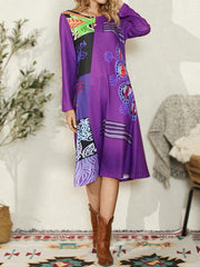 Винтаге лежерна женска хаљина миди са дугим рукавима са цветним изрезом