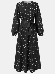 Bohemian Floral Print O-neck Lace Up Long Sleeve Button Belted Women Maxi Dress