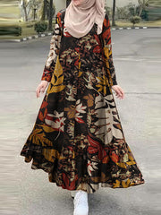 Maxi Tunic Dress Floral Leaf Print Ruffles Hem Dress