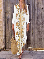 Bohemian V Neck Floral Print Beach Holiday Split Women Maxi Dress