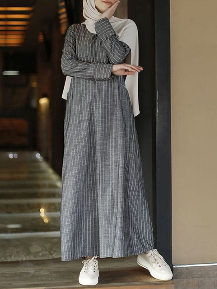 casual kaftan dresses for women long sleeve White Linen Kaftan Maxi Dress, Long Sleeve Temple Dress With Pockets