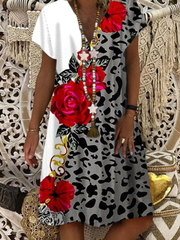 Leopard Floral Print V-neck Kasual Lengan Pendek Wanita Midi Dress