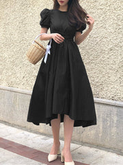 Puff Sleeve Back Zipper Drawstring Pure Color Belted Casual Women Midi Dress