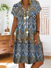 Zamaluwa Sindikizani V-khosi Folk Style Short Sleeve Women Mini Dress