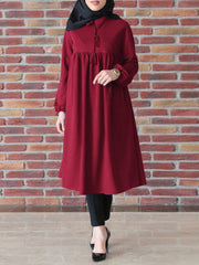 Turn-down Collar Solid Puff Sleeve Pleated Tunic Women Midi Dress