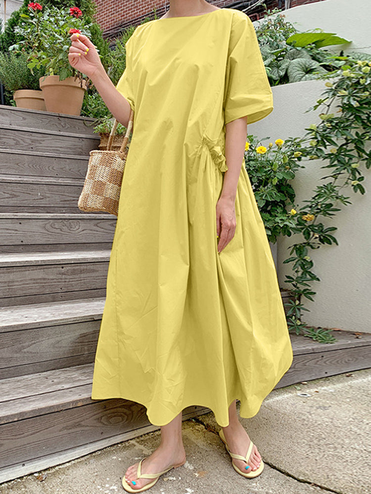 Casual Solid Color Round Neck Pleated Pocket Plain Maxi Dress – Come4Buy eShop