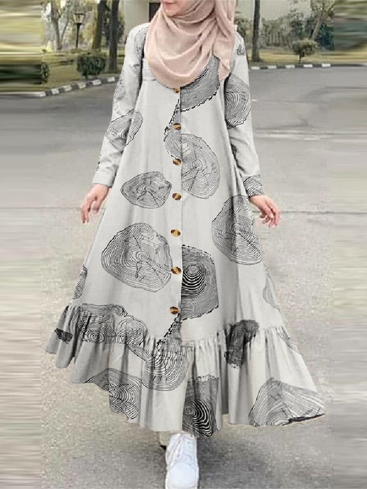 Cotton Tree Stump Print Ruffle Hem Long Sleeve Muslim Women Maxi Dress Come4Buy eShop Cotton Tree Stump Print Ruffle Hem Long Sleeve Muslim Women Maxi Dress Come4Buy eShop