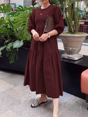 Pure Color Puff Sleeve Ruffles Hem Tiered 3/4 Sleeve Bohemian Women Maxi Dress