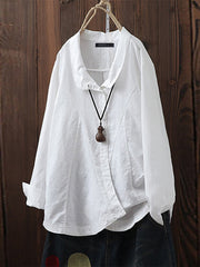 Women Lapel Solid Color Cotton Button Down Long Sleeve Blouse